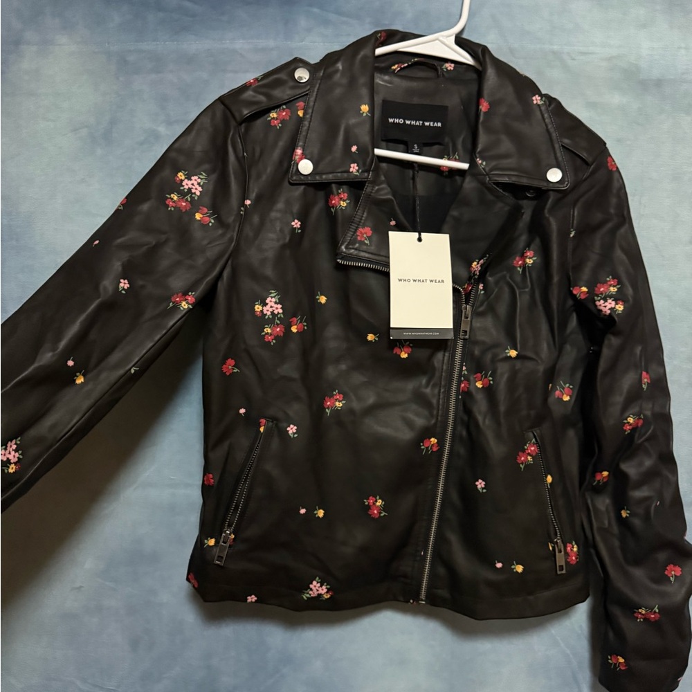 Who What Wear Black Leather Jacket with Floral Design